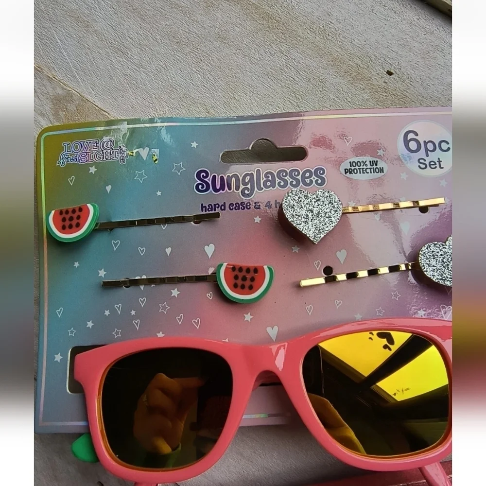 Kids Girls Watermelon Pink Sunglasses and Carrying Case With Hair Clip Set New!